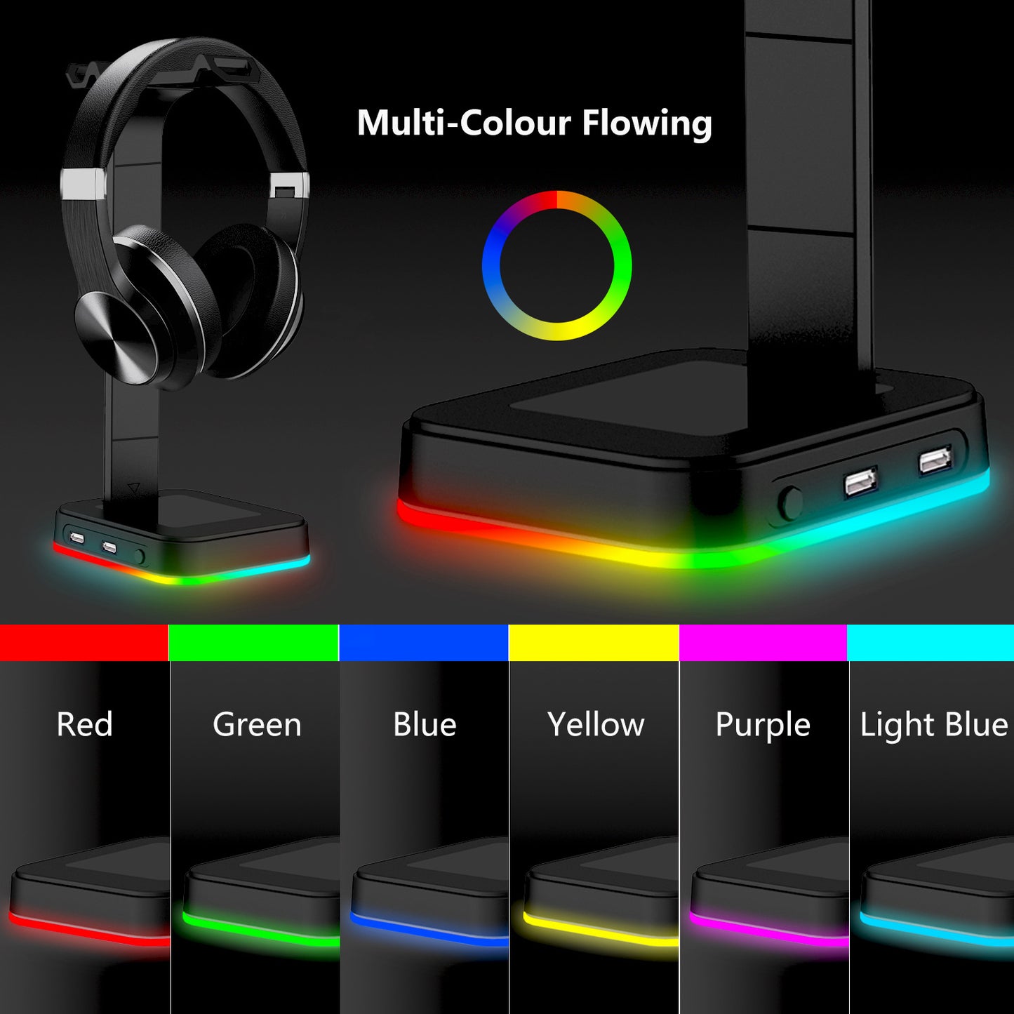 RGB Gaming Headphone Stand with USB Ports